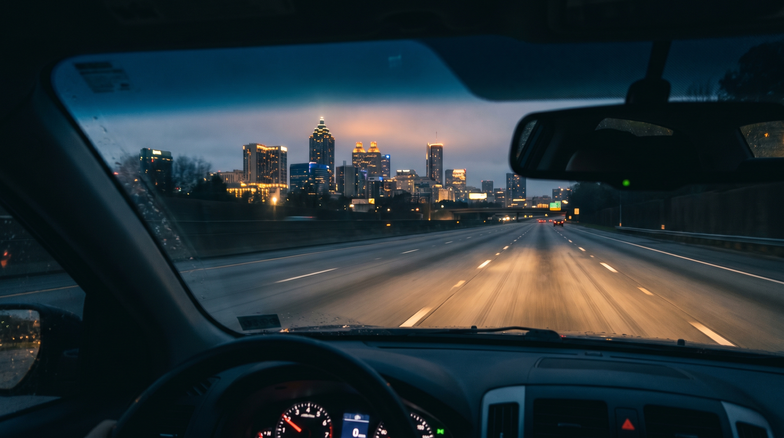 Pre-dawn view from inside a car on an empty Atlanta interstate highway with the city skyline glowing ahead, early morning departure for a beach road trip