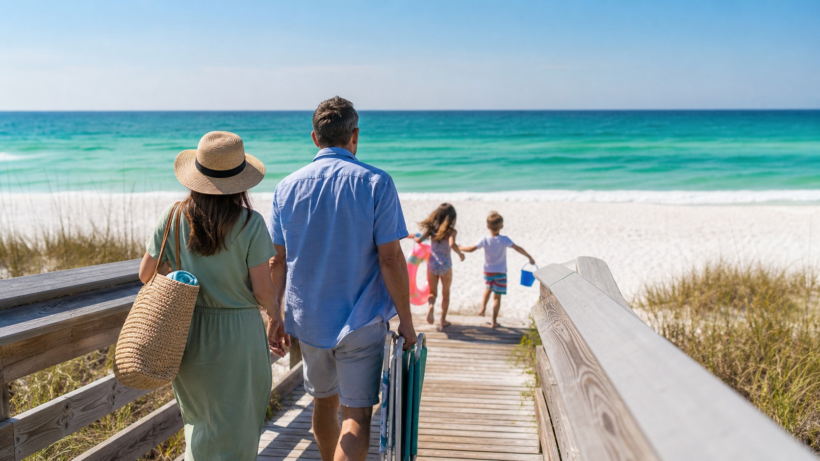 Family walking down a wooden beach boardwalk toward the white sand and emerald green Gulf of Mexico in Destin Florida, kids running ahead excitedly
