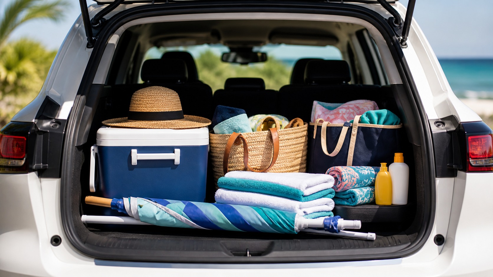 SUV trunk packed neatly with beach vacation gear including a cooler, beach umbrella, towels, and sunscreen, ready for a road trip to Destin Florida