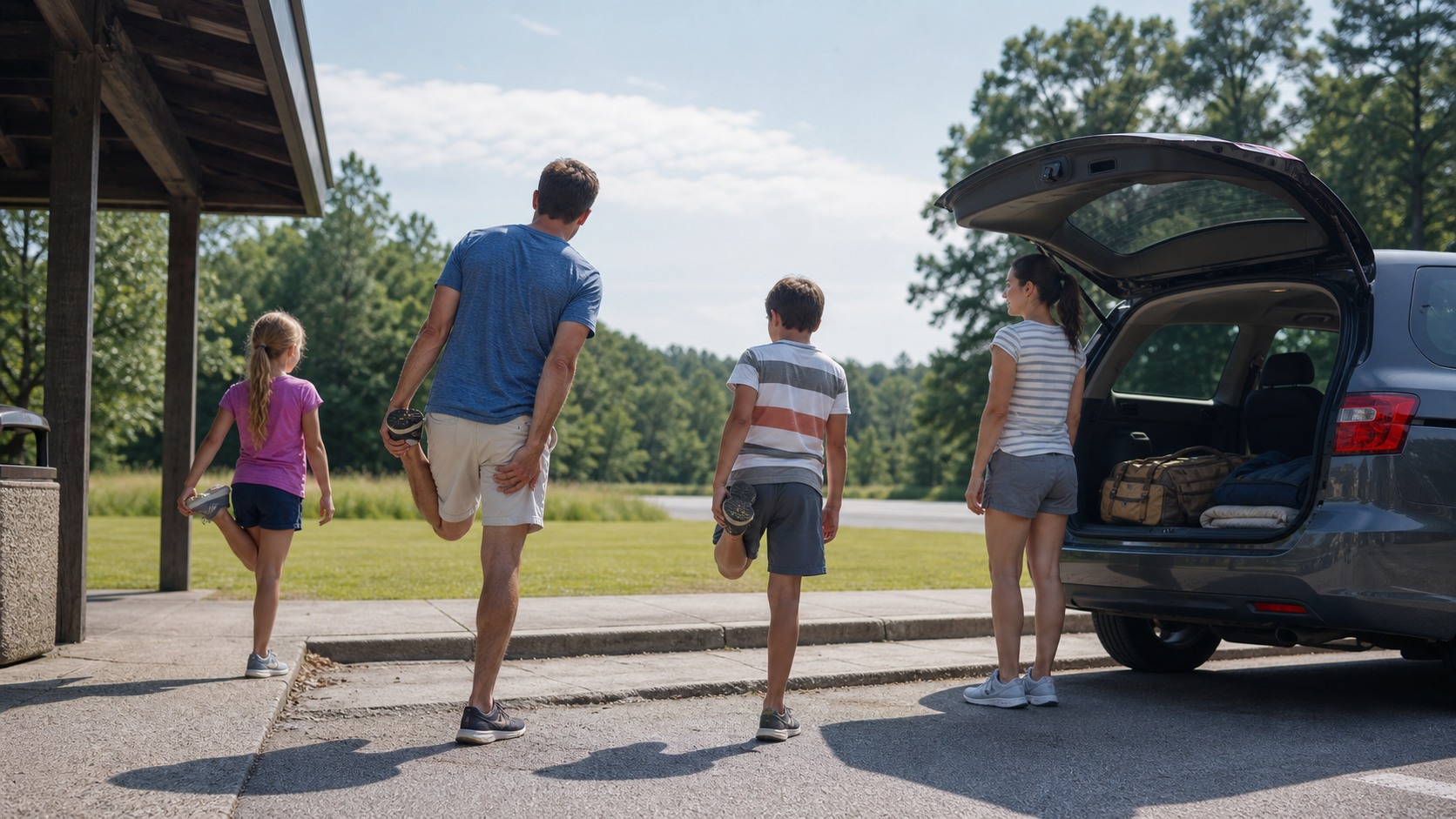 Family stretching at a roadside rest stop off a southern highway on a sunny summer day, minivan parked with tailgate open
