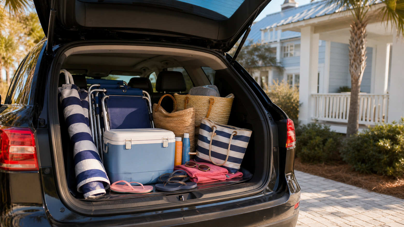 Open trunk of a packed family SUV with folding beach chairs, a striped umbrella, a large cooler, tote bags, flip flops, and sunscreen for a Florida beach vacation