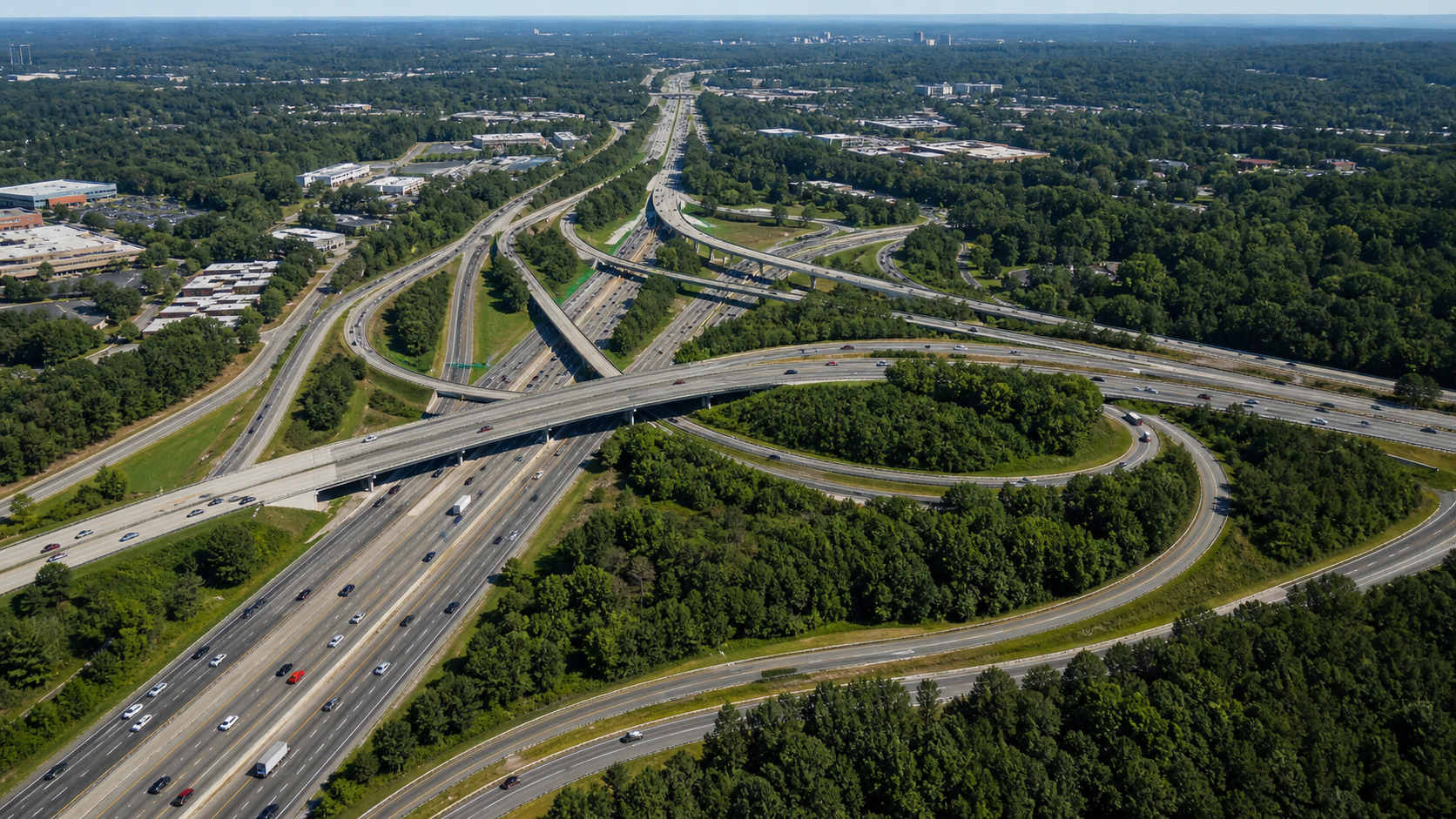 Aerial view of the I-285 Atlanta perimeter bypass interchange with multiple lanes flowing through green suburban Georgia on a clear summer morning