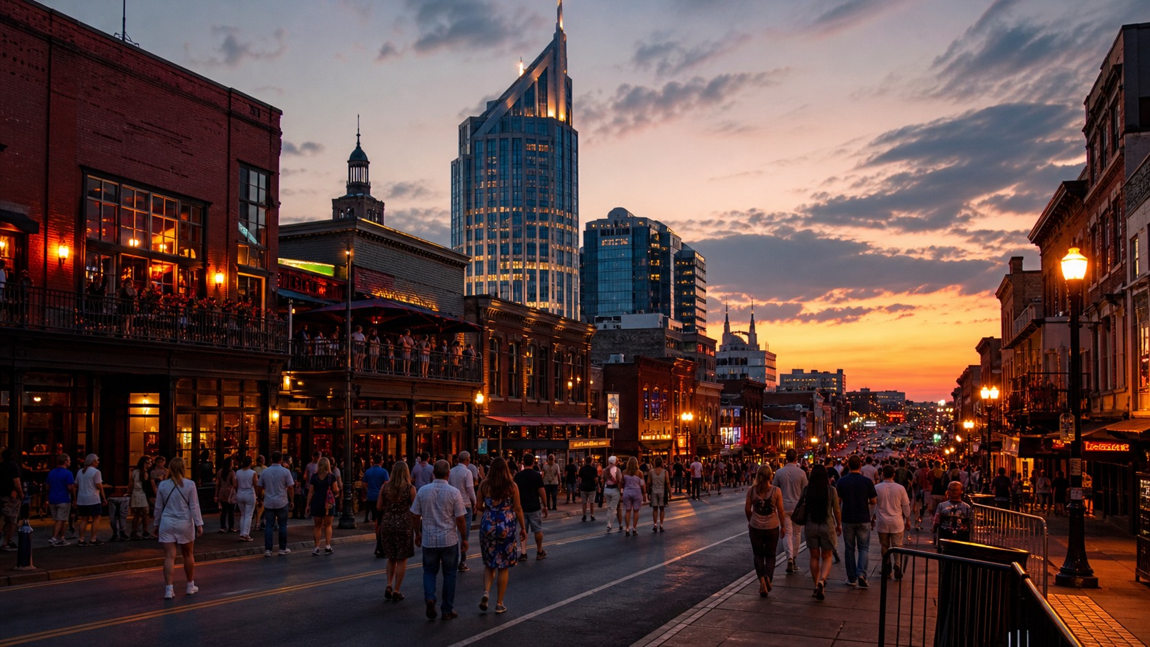 Nashville's Lower Broadway honky tonk strip at dusk with neon signs glowing in warm pink and yellow light, people walking on a lively summer evening
