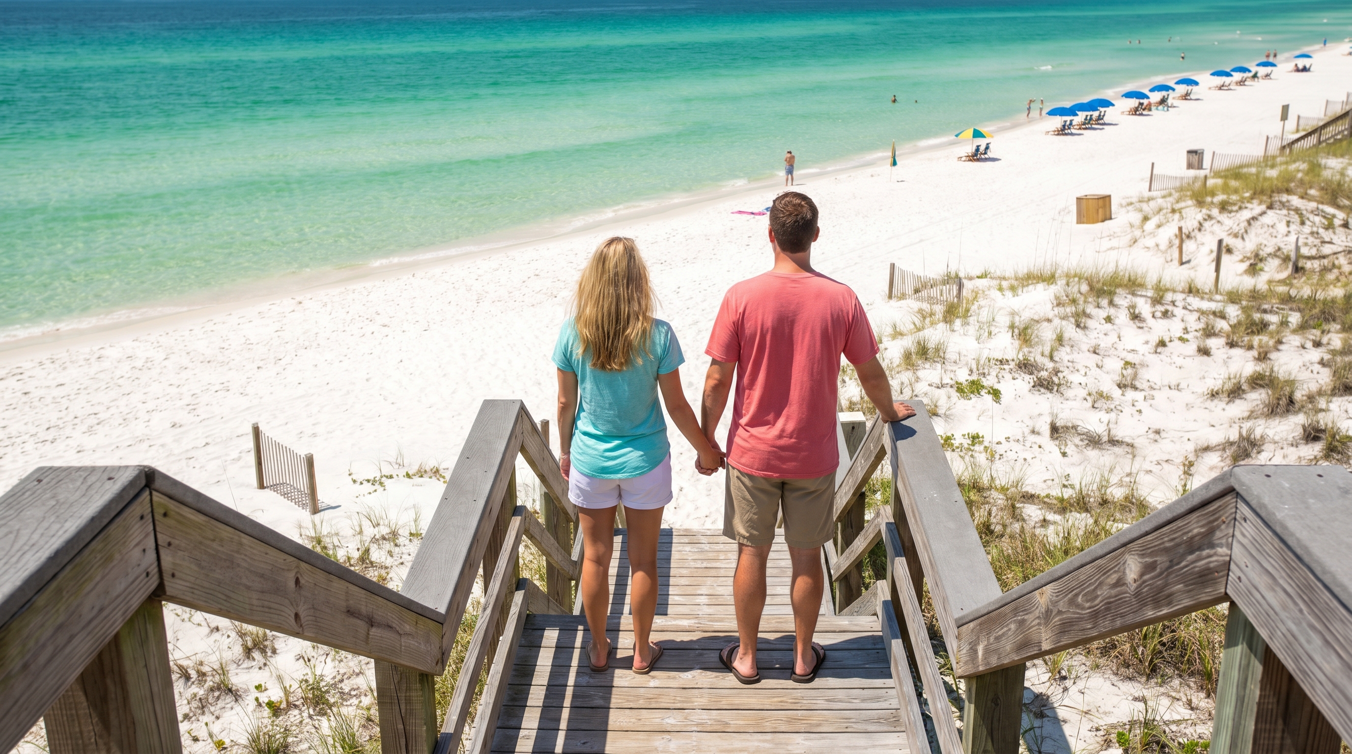 Family arriving at a vacation rental in Destin Florida with palm trees and emerald Gulf water visible nearby