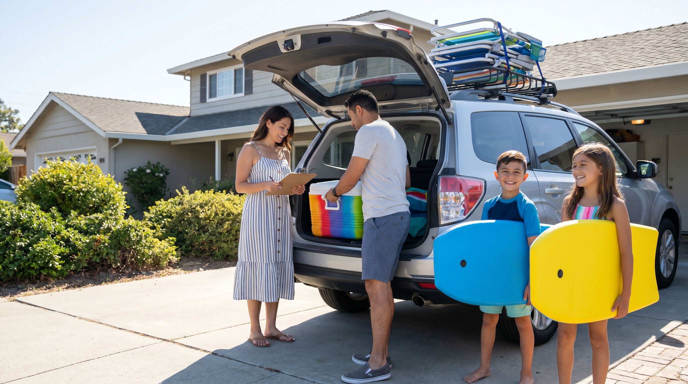 Car trunk packed with beach gear, cooler, and vacation supplies for a road trip to the Gulf Coast