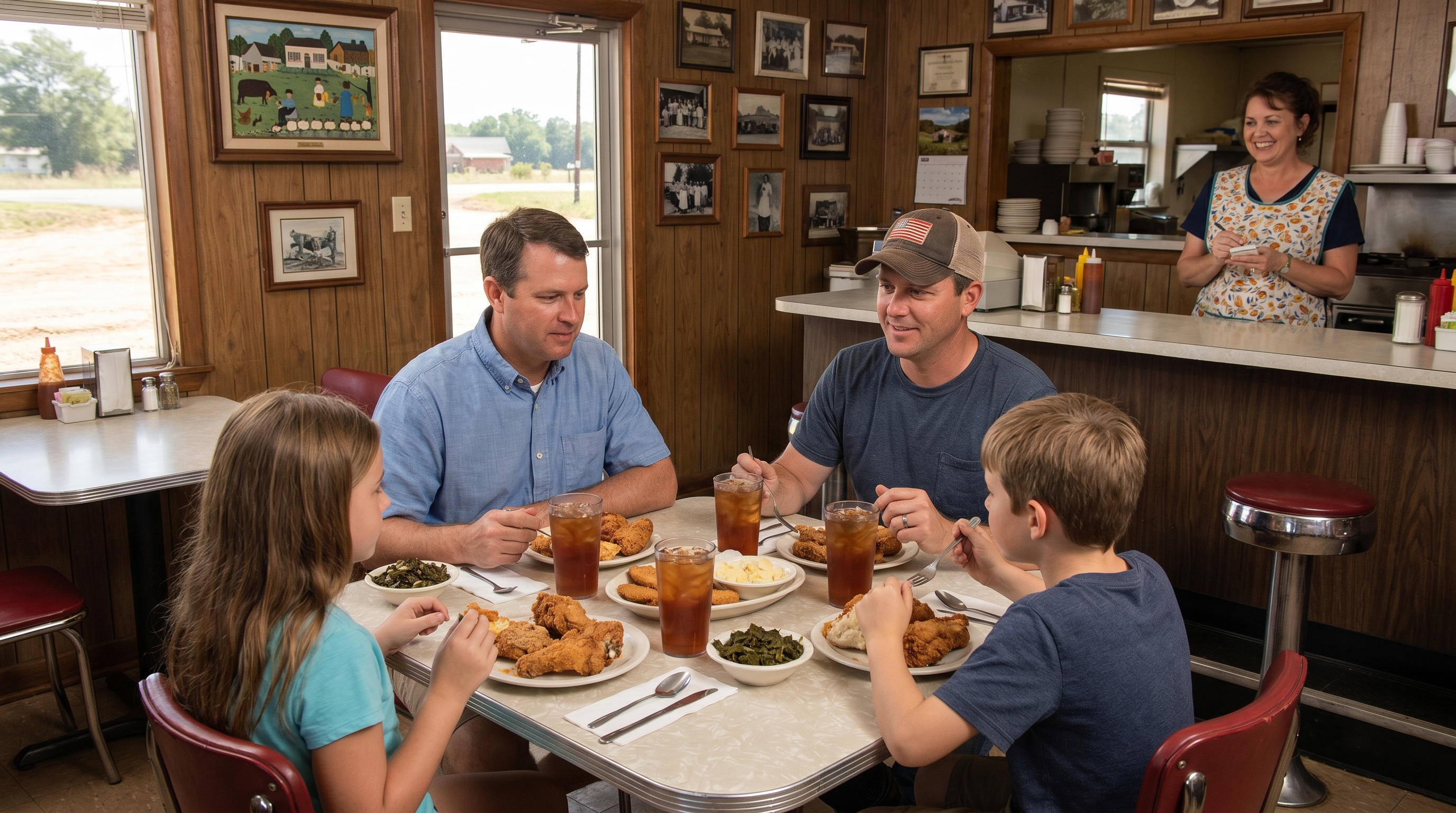 Family taking a lunch break at a Southern roadside restaurant with picnic tables during a summer road trip