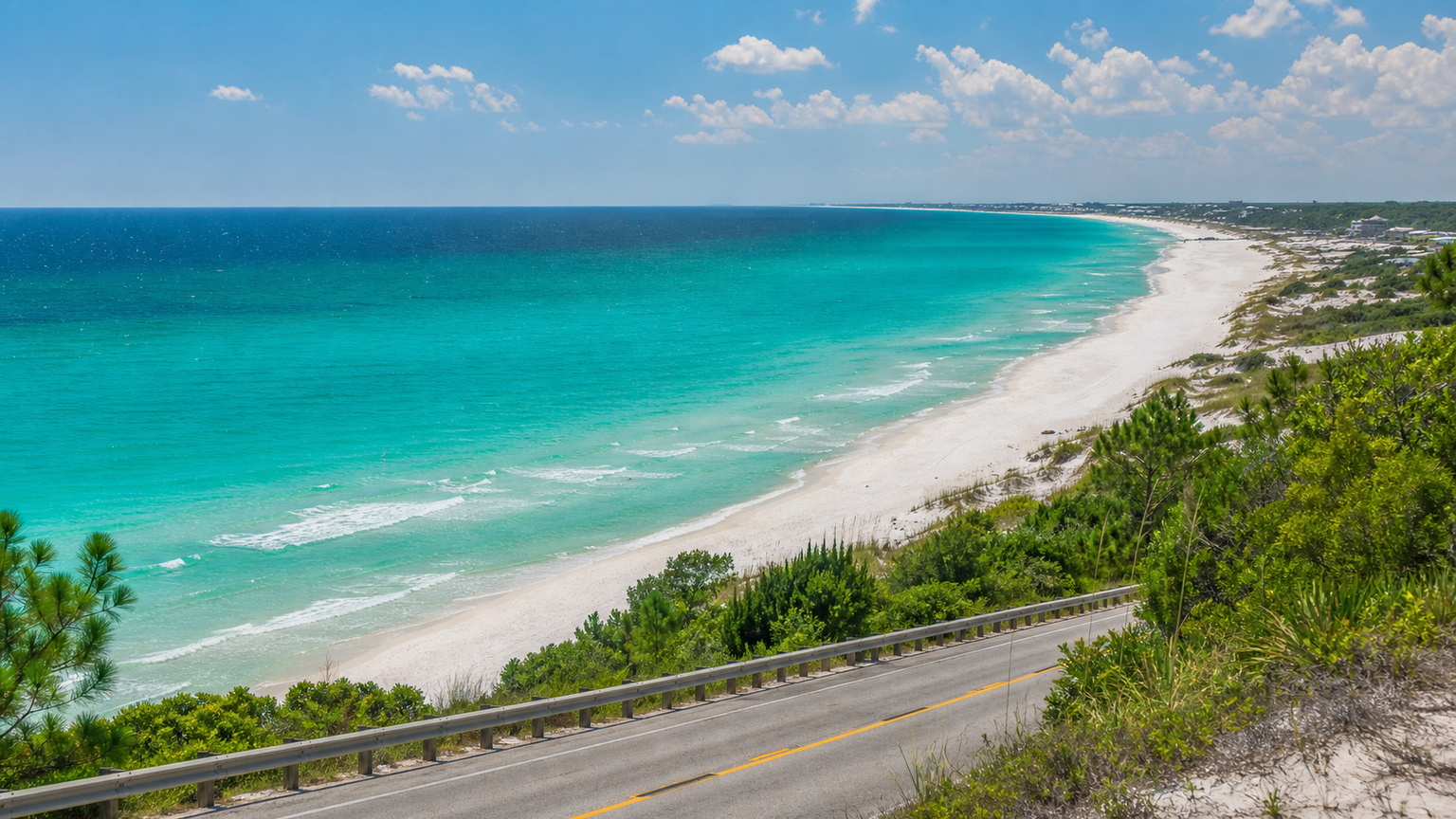 First view of the emerald green Gulf of Mexico at Destin Florida from US-98 on a summer afternoon, the payoff after an 11-hour drive from Indianapolis