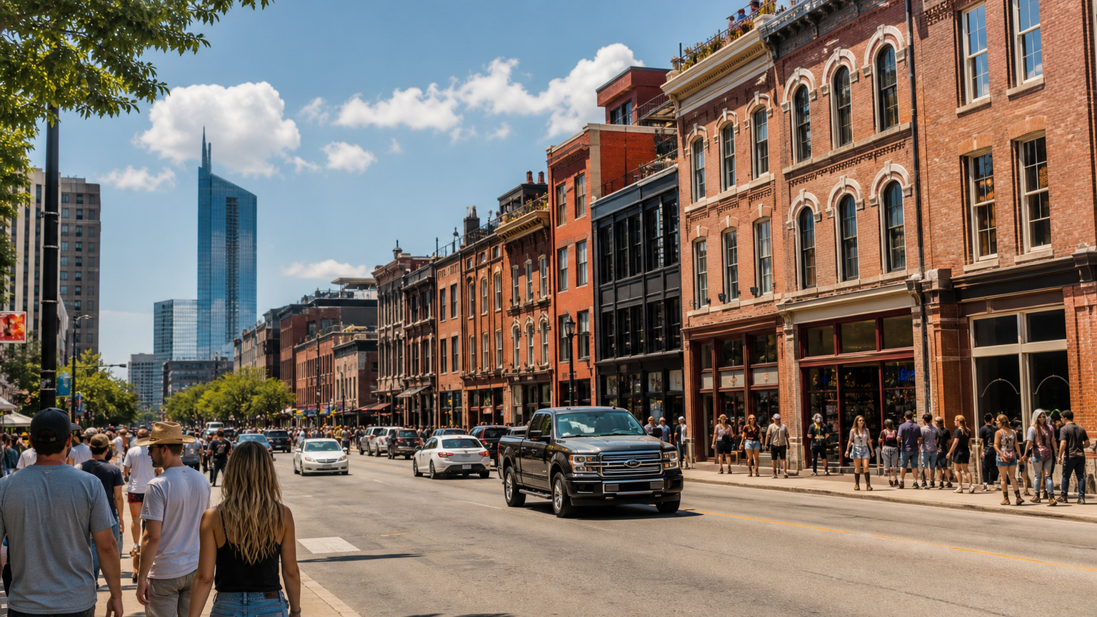 Lower Broadway in Nashville Tennessee with colorful honky tonk bars and neon signs on a sunny afternoon, an easy road trip stop between Indianapolis and Destin