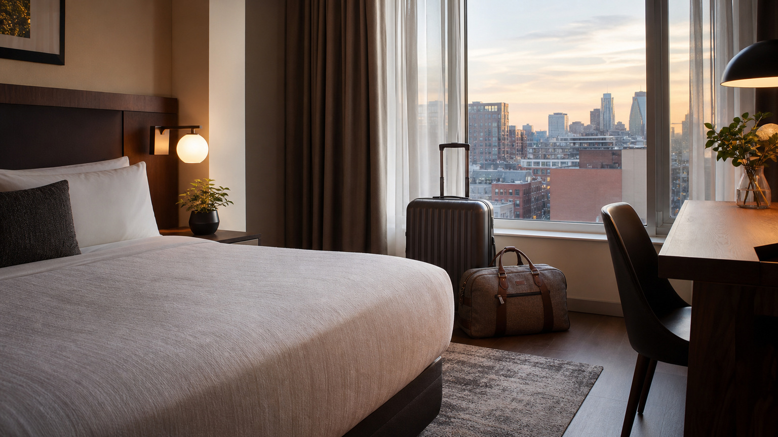 Comfortable Nashville hotel room with luggage near the window ready for an early morning departure, an overnight stop on the road trip to the Gulf Coast