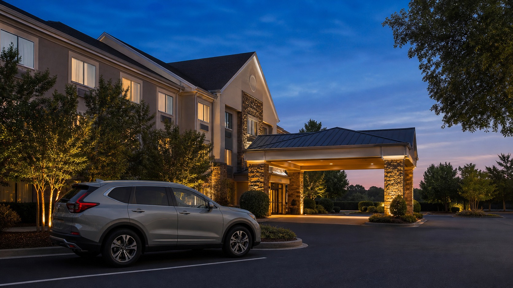 Comfortable hotel room overlooking Pensacola Bay at dusk with warm orange light on the water and a view of the bridge