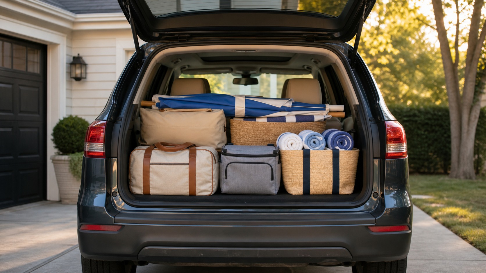 Open car trunk neatly packed with beach umbrella, cooler, towels, bags, and vacation gear ready for a Florida road trip on a sunny morning