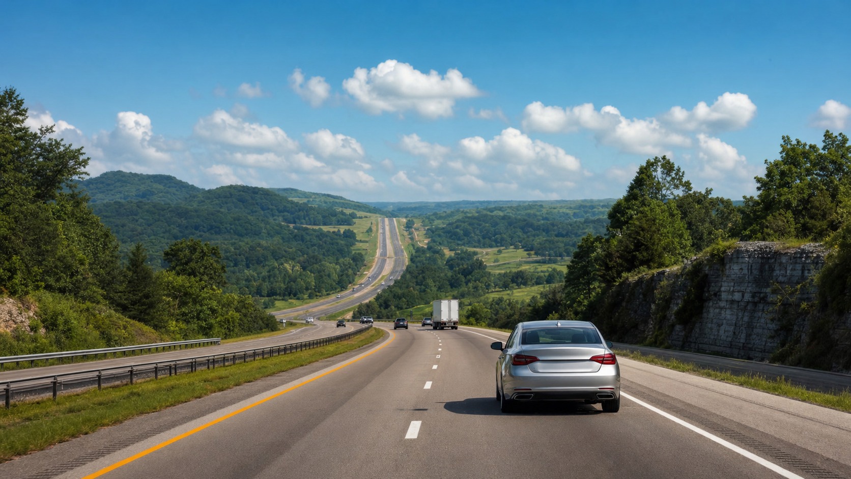 I-65 South interstate highway stretching through rolling Tennessee hills in summer, wide lanes heading south toward Alabama and the Florida Gulf Coast