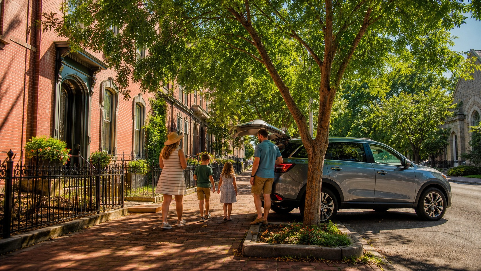 Nashville Lower Broadway honky tonk bars and restaurants on a sunny summer afternoon, families and road-trippers on the sidewalk, lively road trip stop between Louisville and Destin