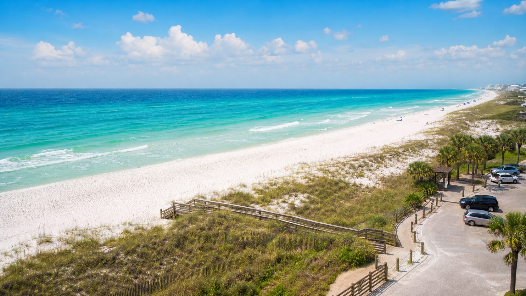 Couple walking through a wooden beach boardwalk toward the emerald green Gulf of Mexico at Destin Florida, white sand and turquoise water visible just ahead
