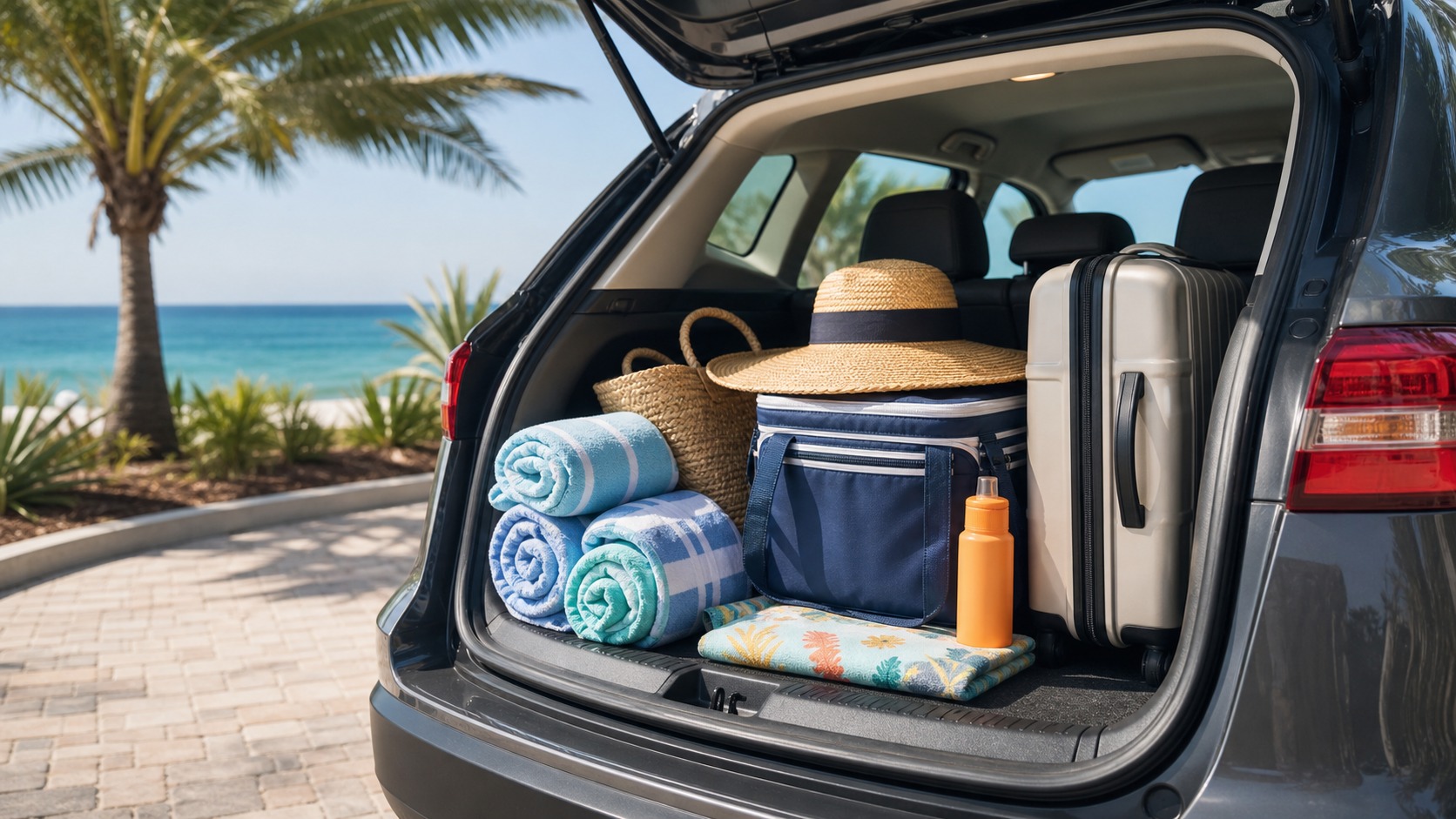 Family packing a loaded SUV in a Memphis driveway with beach chairs, a large cooler, and kids waiting excitedly, preparing for a road trip to the Gulf