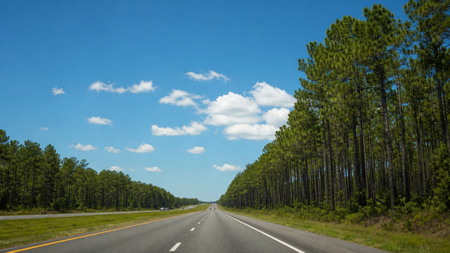 Open Florida Panhandle highway heading north through longleaf pine forest on a clear sunny summer day