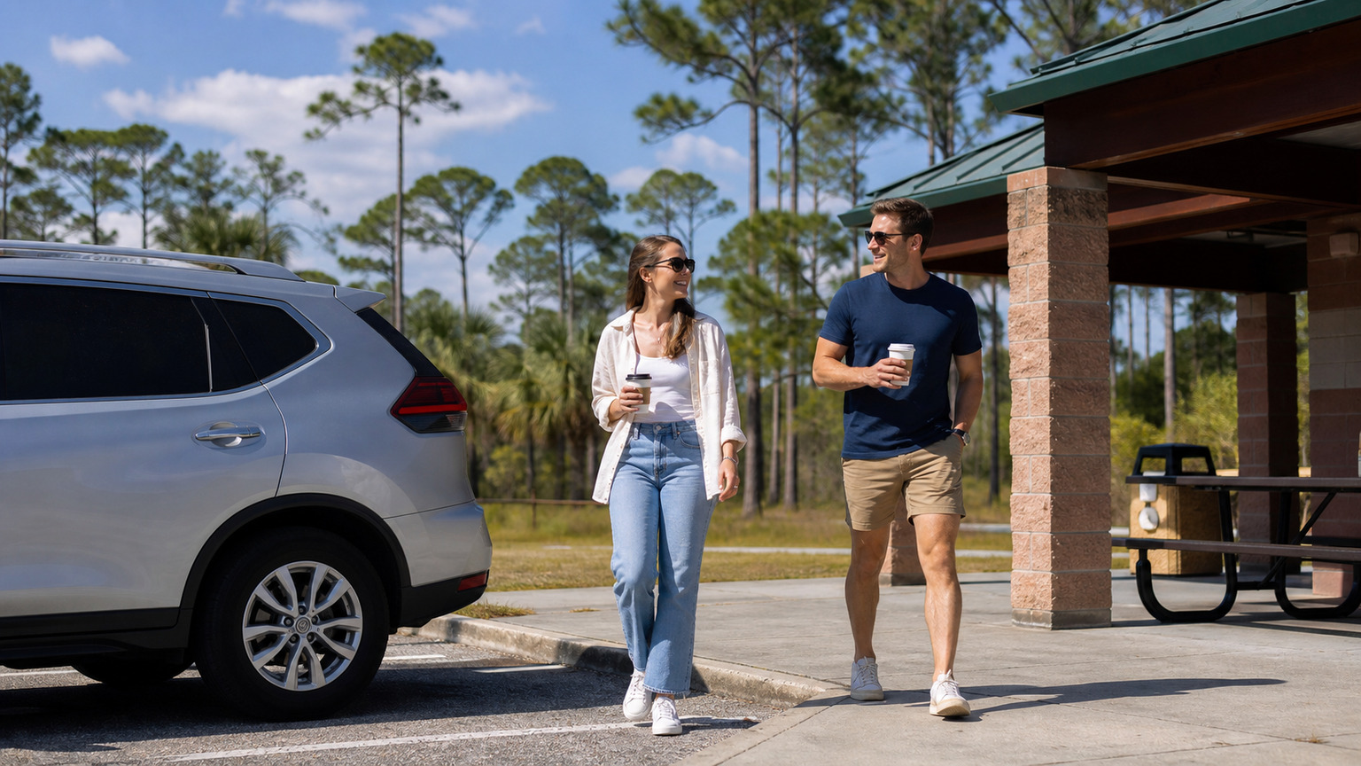 Travelers stretching and getting coffee at a Florida highway rest stop, tall pine trees and blue sky in background