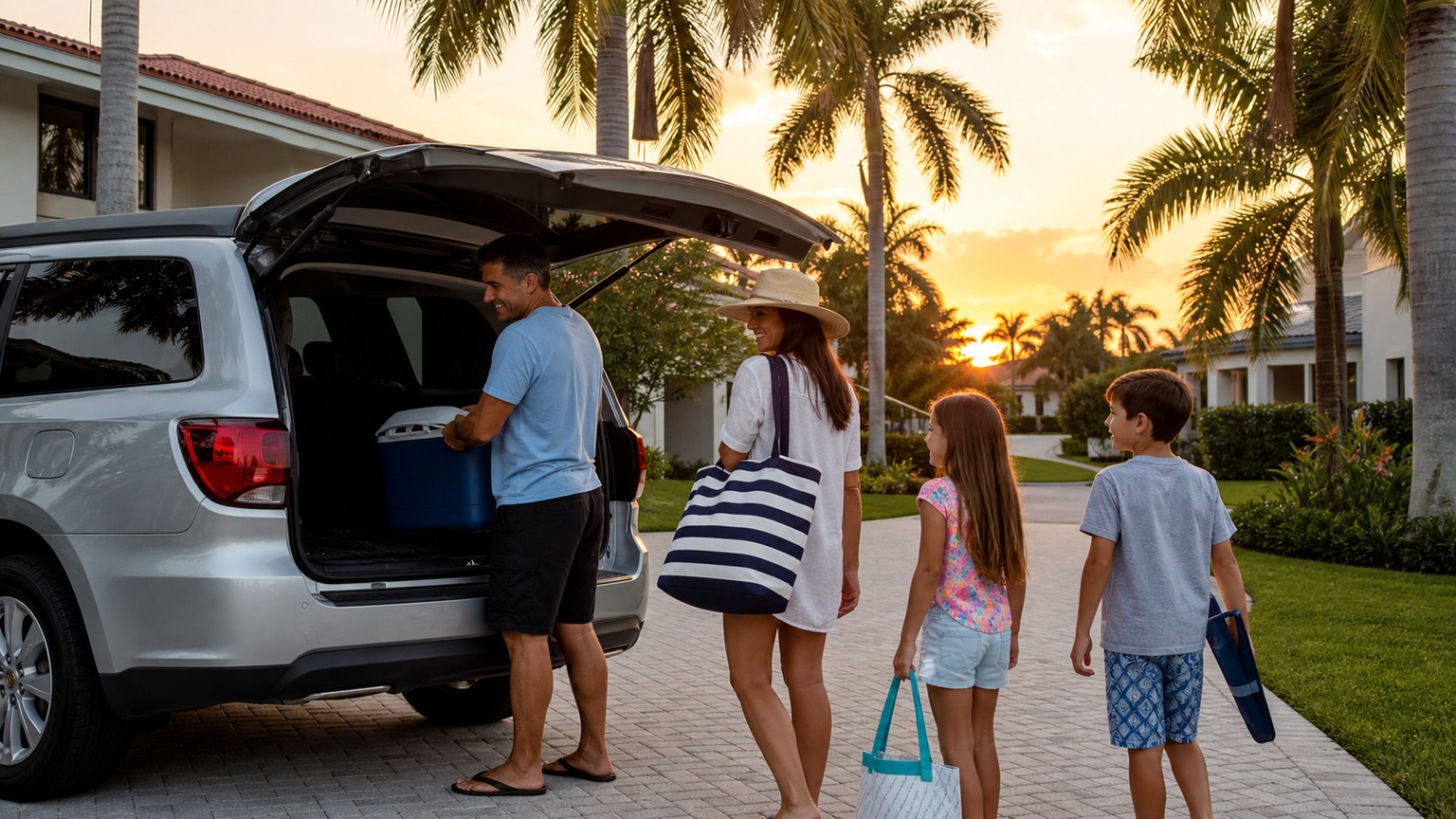 Family loading beach bags and cooler into a silver SUV in a Miami driveway at sunrise, orange sky behind palm trees