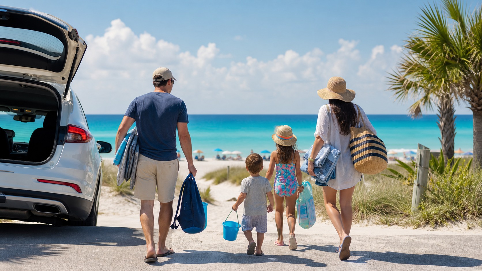 Family arriving at the Gulf Coast beach for the first time, emerald green water visible from parking area, excitement and anticipation