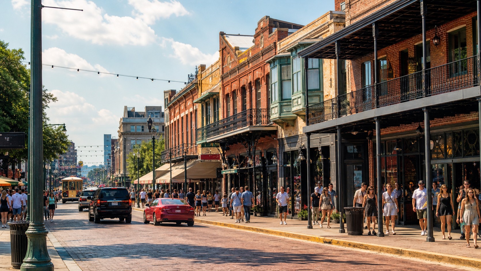Memphis Tennessee Beale Street historic district with colorful signage during daytime, vibrant road trip stop