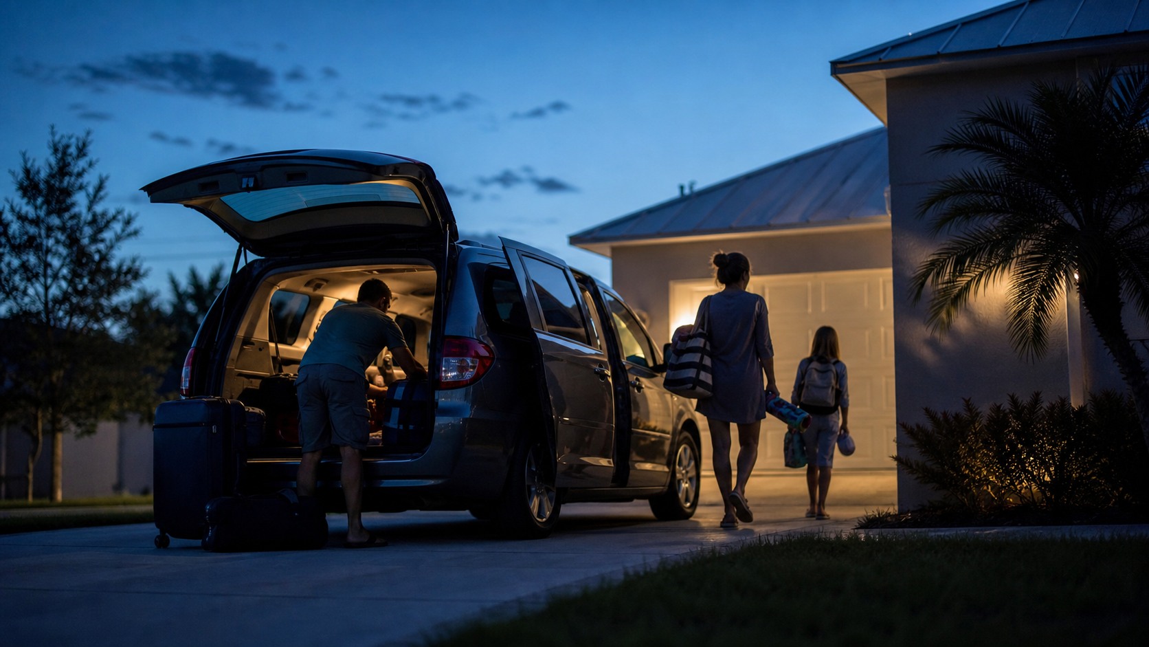 Pre-dawn family loading a minivan with luggage in a driveway getting ready for a summer road trip to the beach