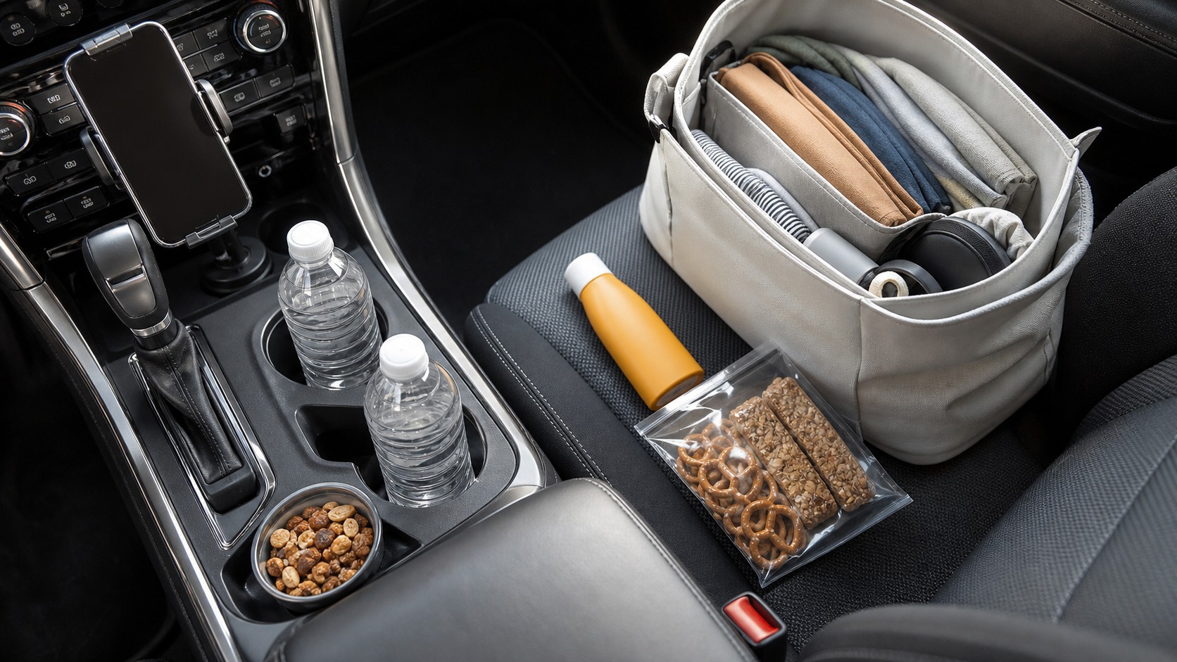 Organized road trip essentials in a car including snacks, water bottles, sunscreen and a phone mount ready for a long drive