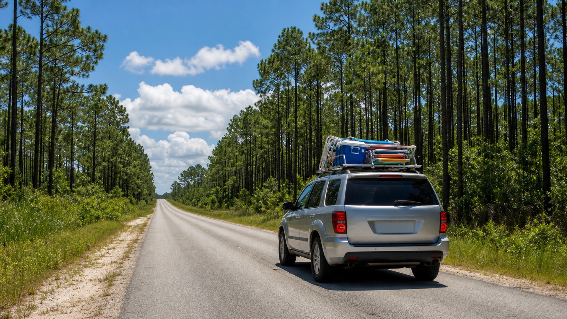 Silver SUV loaded with beach chairs and gear driving west on a flat Florida highway through pine forest toward the Gulf Coast