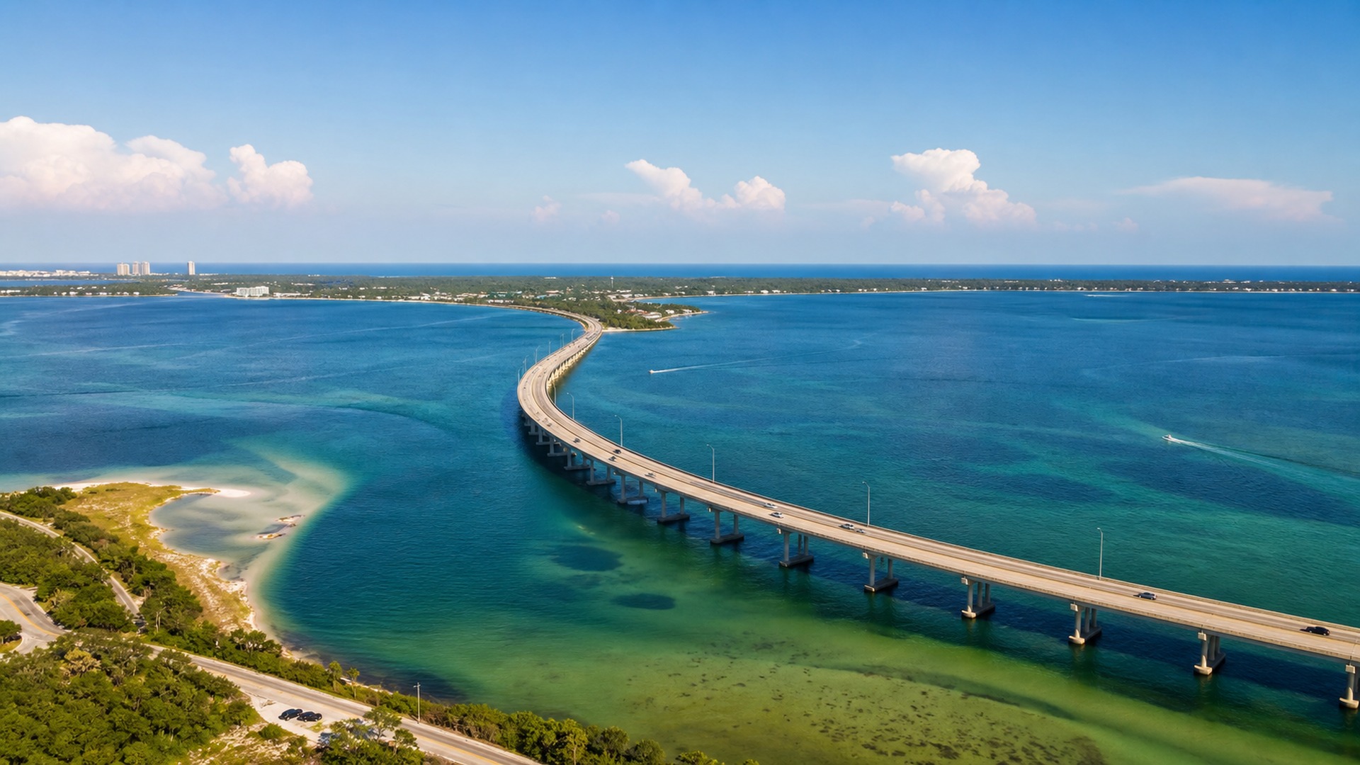 The Mid-Bay Bridge spanning the Choctawhatchee Bay in Destin Florida on a clear sunny day with blue-green water below and blue sky above