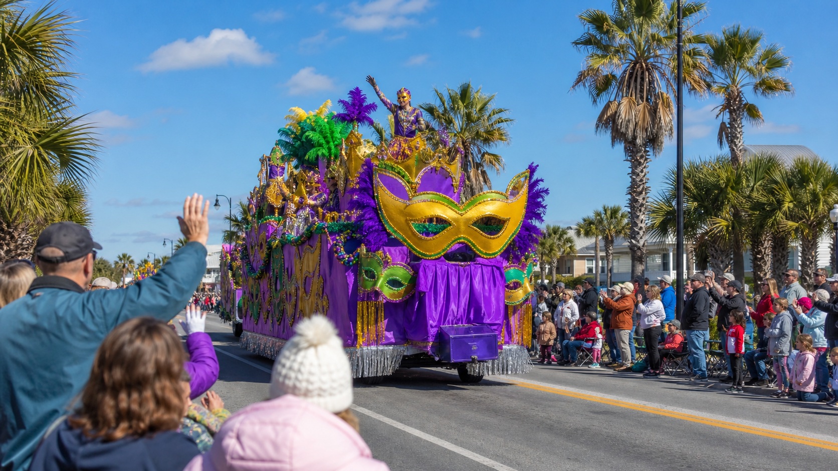 Festive Mardi Gras parade celebration near Destin Florida in late February with colorful floats and local crowds cheering