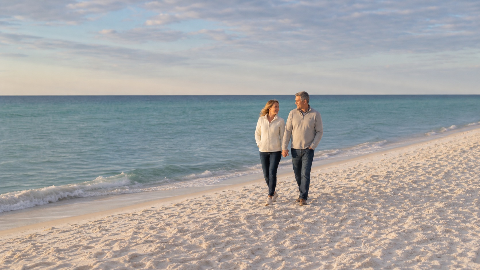 Couple in light jackets walking hand in hand on a quiet white sand Destin beach in mild February weather with the emerald Gulf stretching behind them