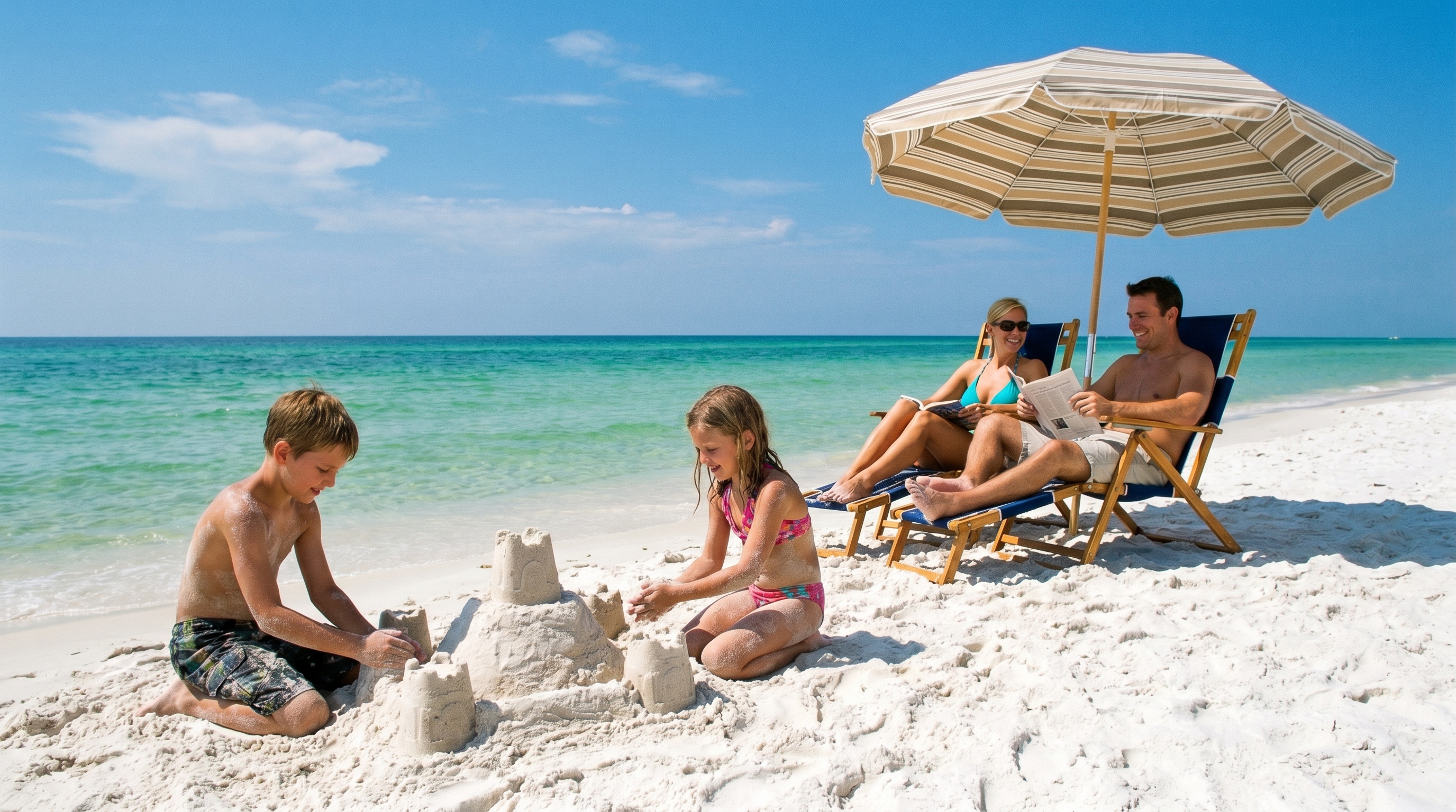 Family enjoying the white sand beaches of Destin, Florida
