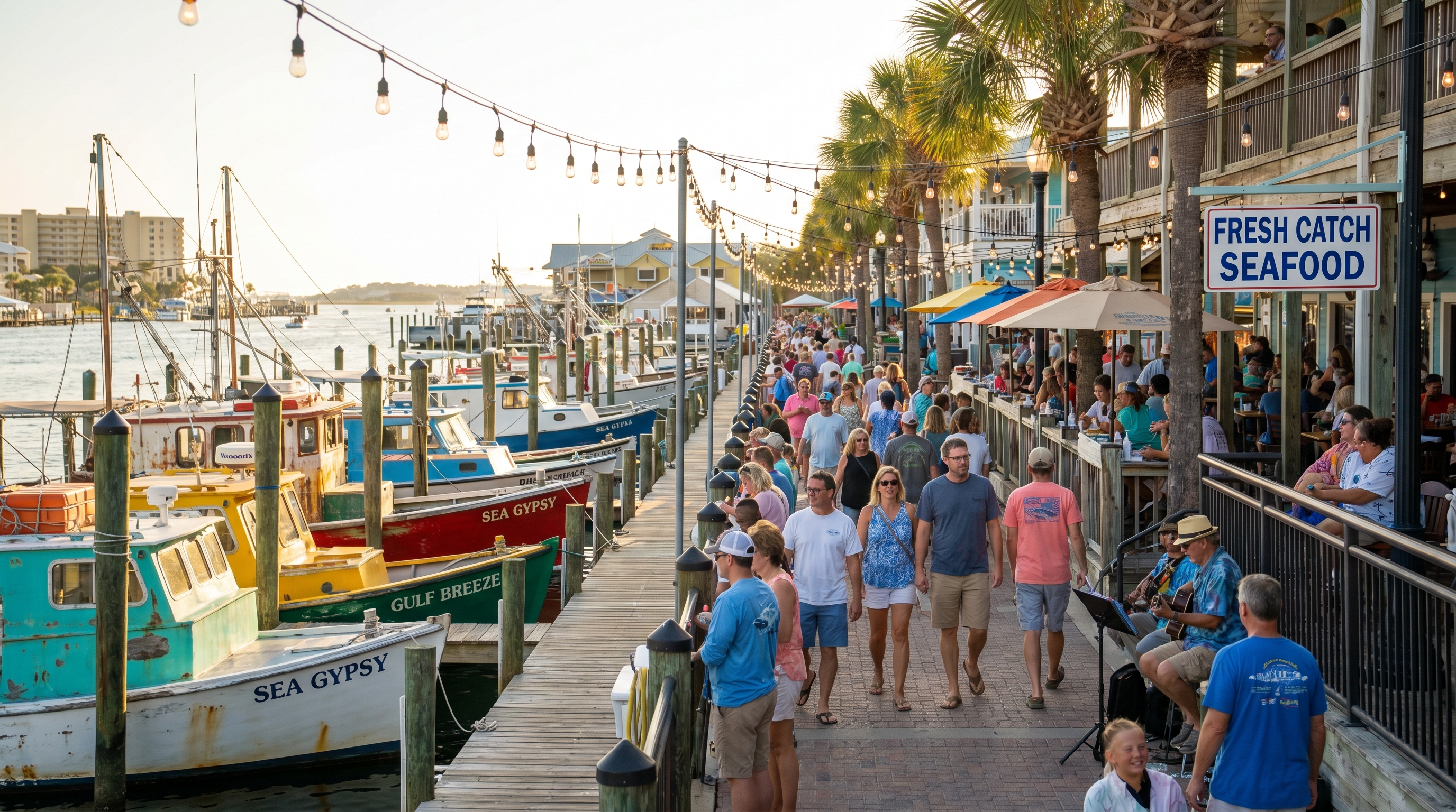 Destin Harbor Boardwalk waterfront restaurants and fishing boats at sunset