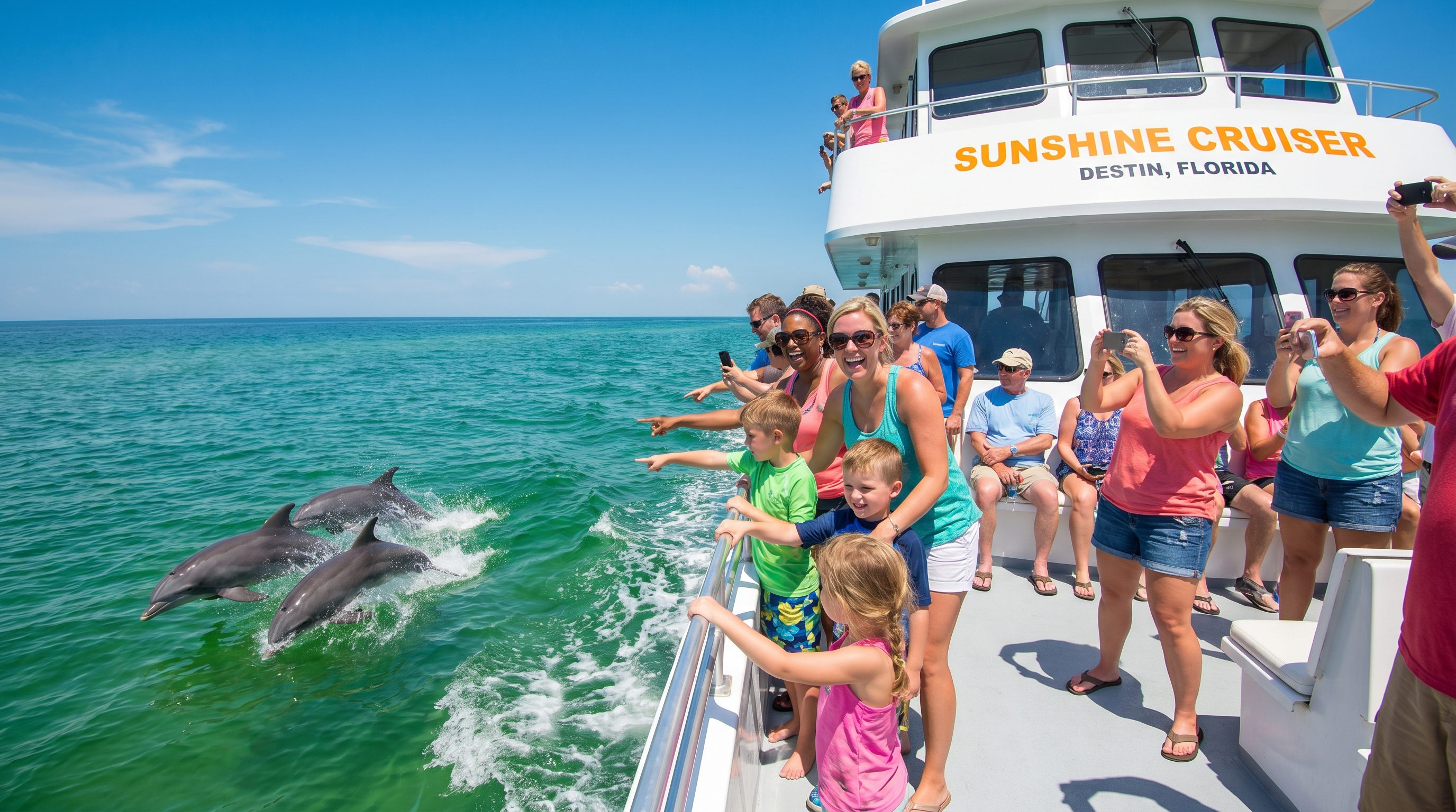 Tourists on a dolphin watching cruise near Destin Florida in the Gulf