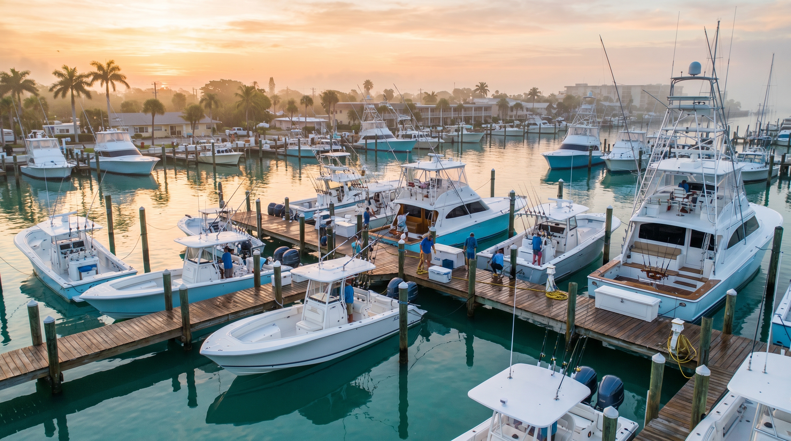 Multiple fishing charter boats docked at Destin Harbor with the morning sun rising over the emerald Gulf water
