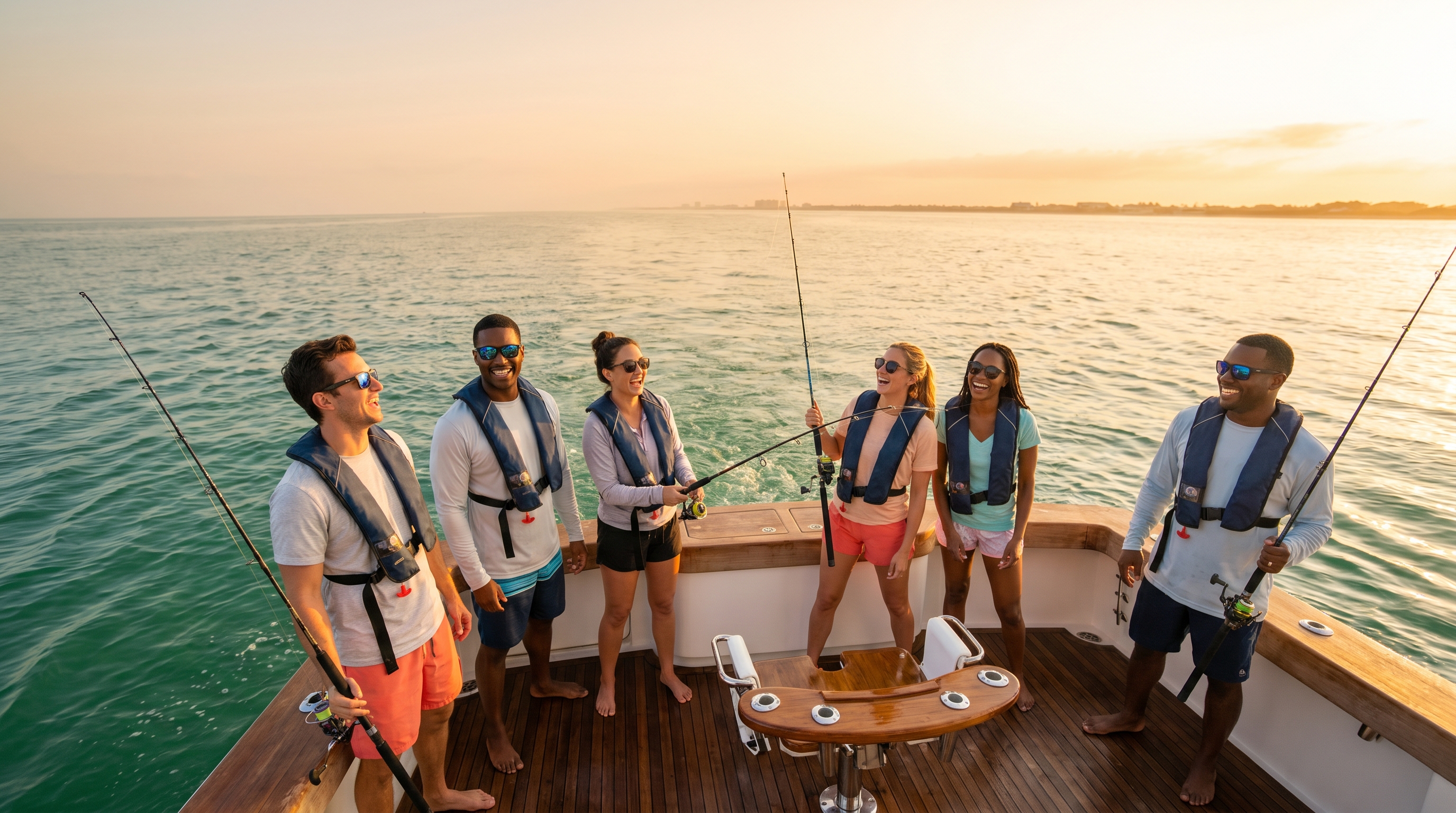 Group of friends on a half-day shared fishing charter departing from Destin Harbor at sunrise