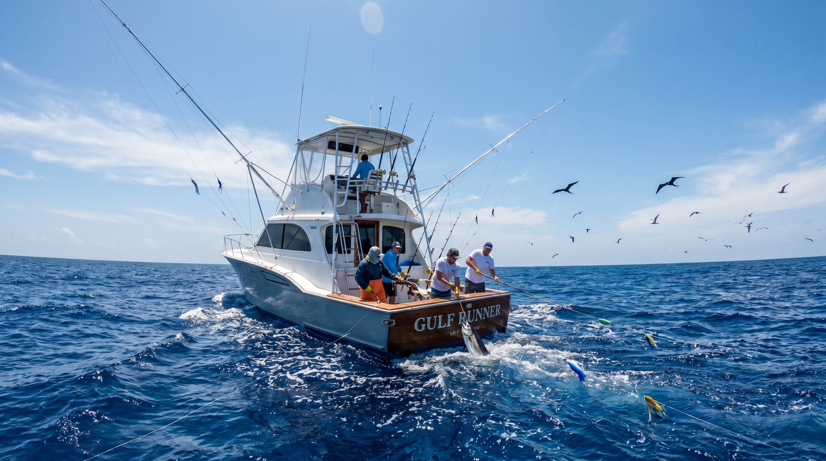 Deep sea fishing charter crew preparing trolling lines at sunrise on calm Gulf of Mexico waters off Destin Florida