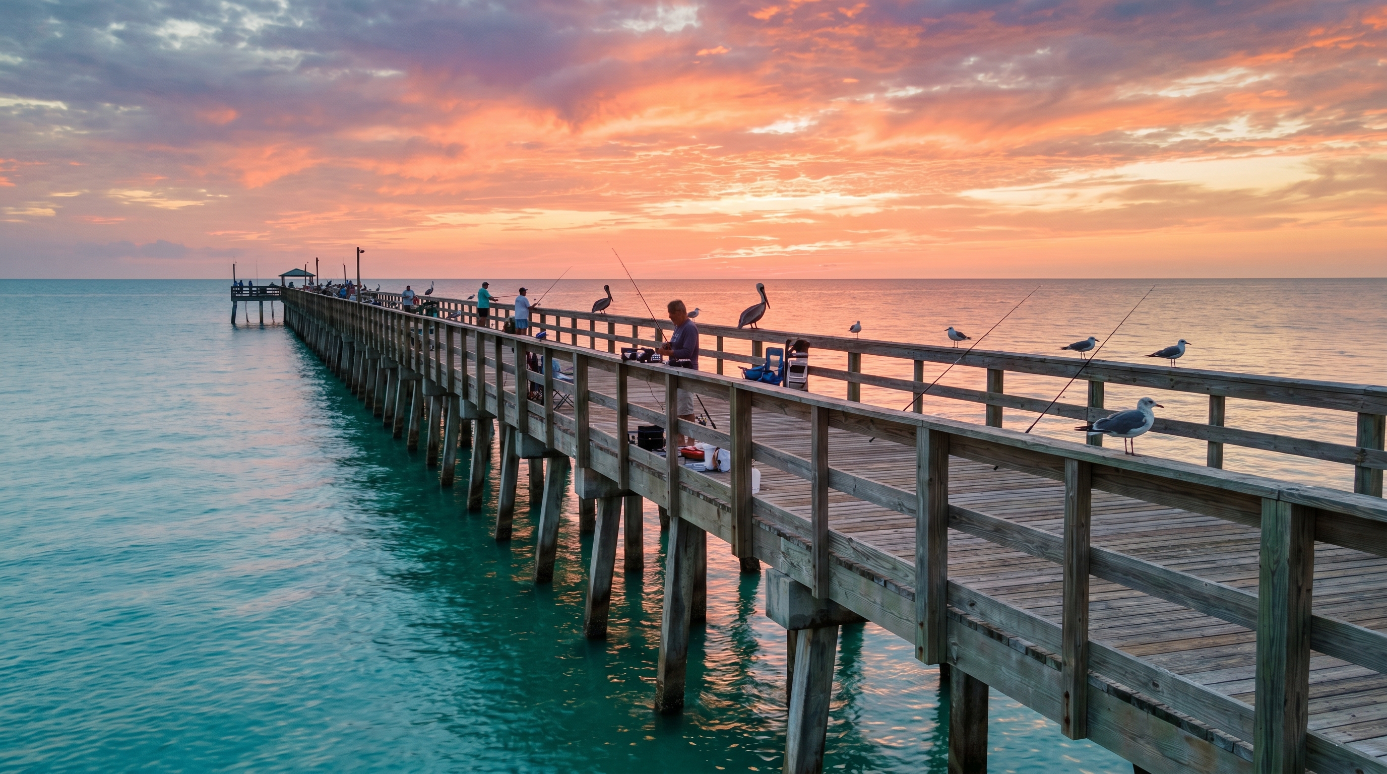 Anglers fishing at sunset from the Okaloosa Island Pier in Fort Walton Beach Florida with the Gulf of Mexico stretching to the horizon