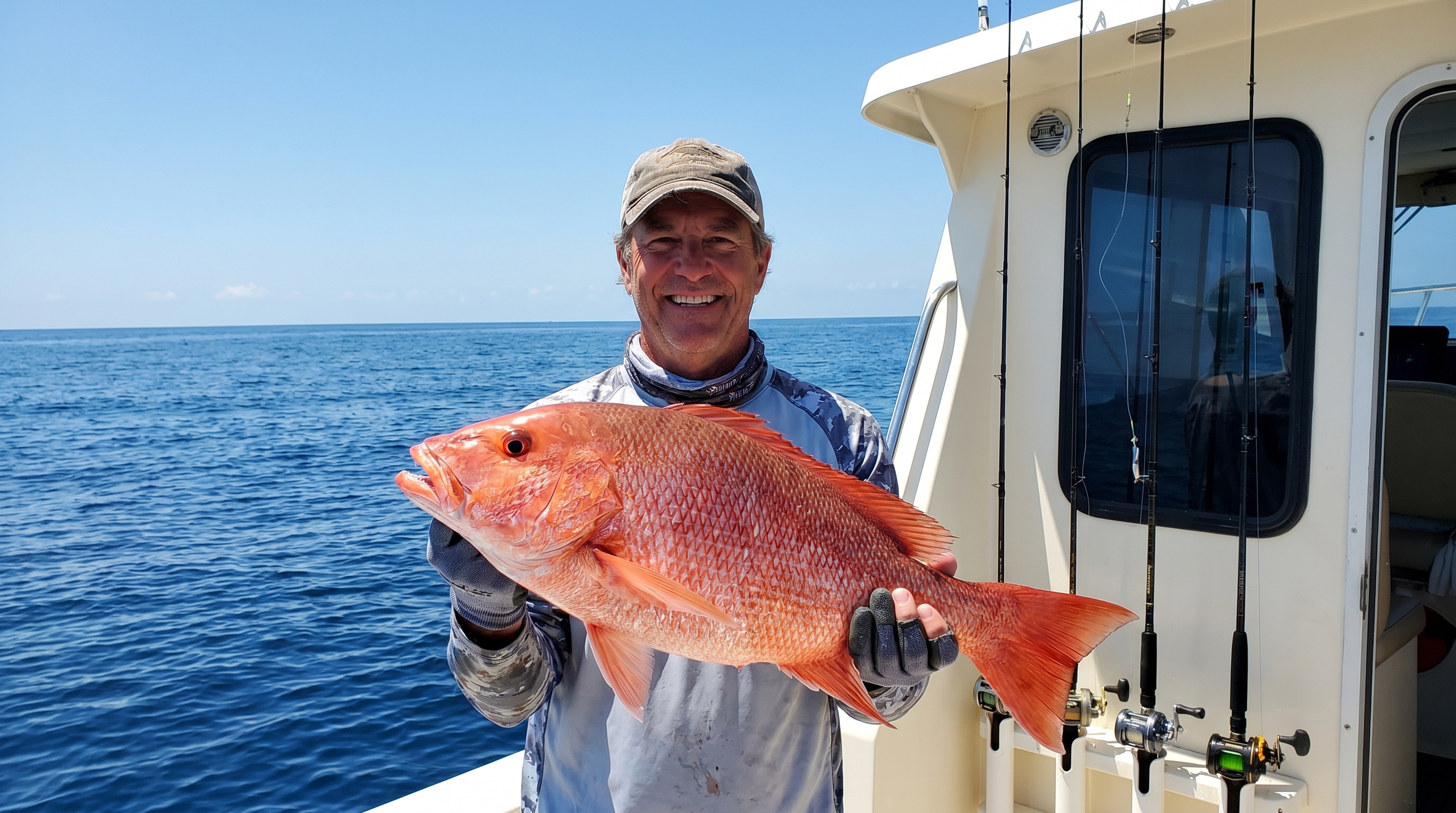 Angler holding a large red snapper caught offshore in Destin Florida aboard a deep sea fishing charter