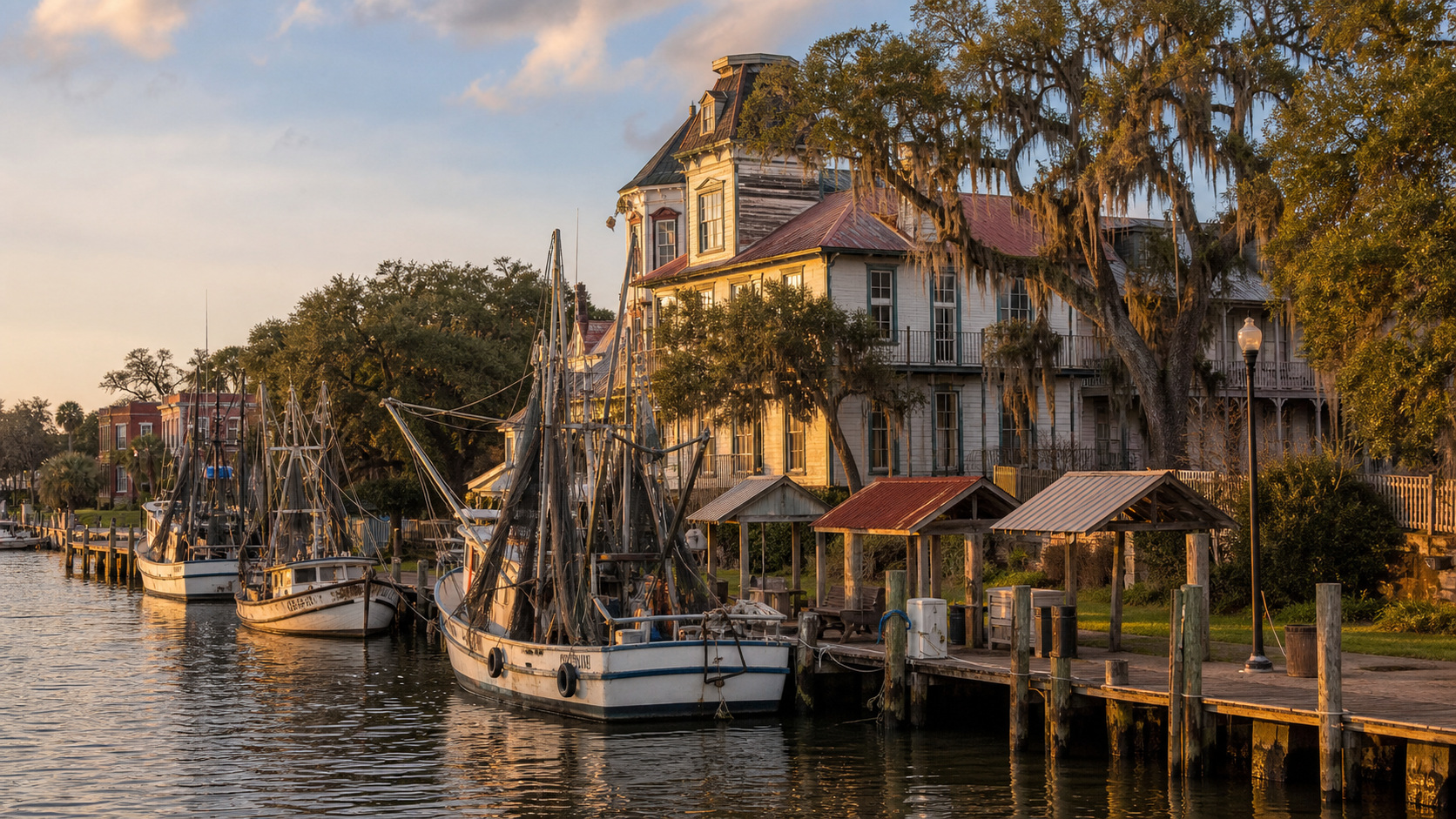 Historic downtown Apalachicola Florida waterfront on the Apalachicola River, shrimp boats moored at the dock, Spanish moss-draped live oaks, Victorian buildings, late afternoon light