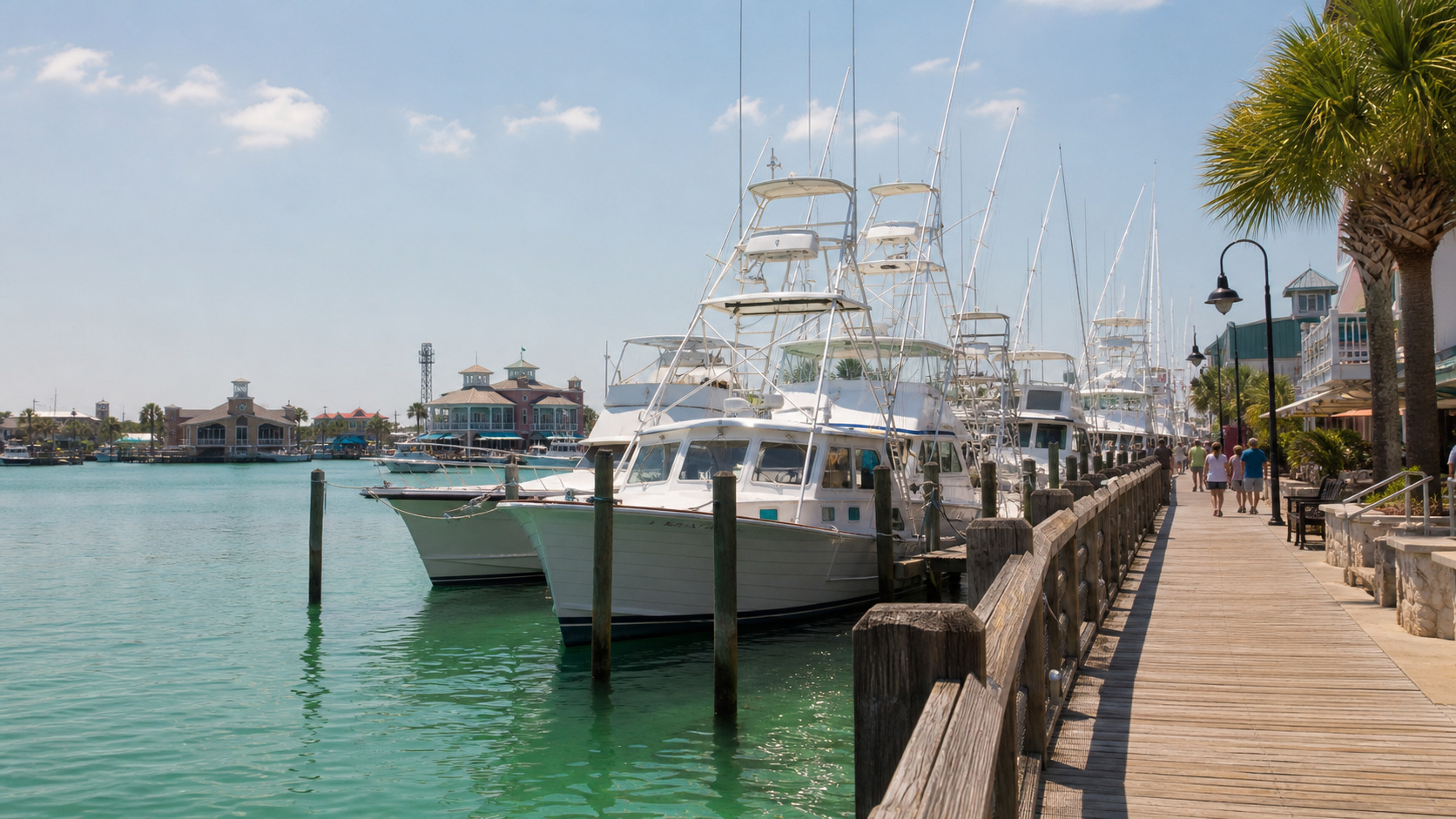 HarborWalk Village in Destin Florida on a summer afternoon, charter fishing boats docked alongside the boardwalk, emerald green water, tourists walking along the harbor