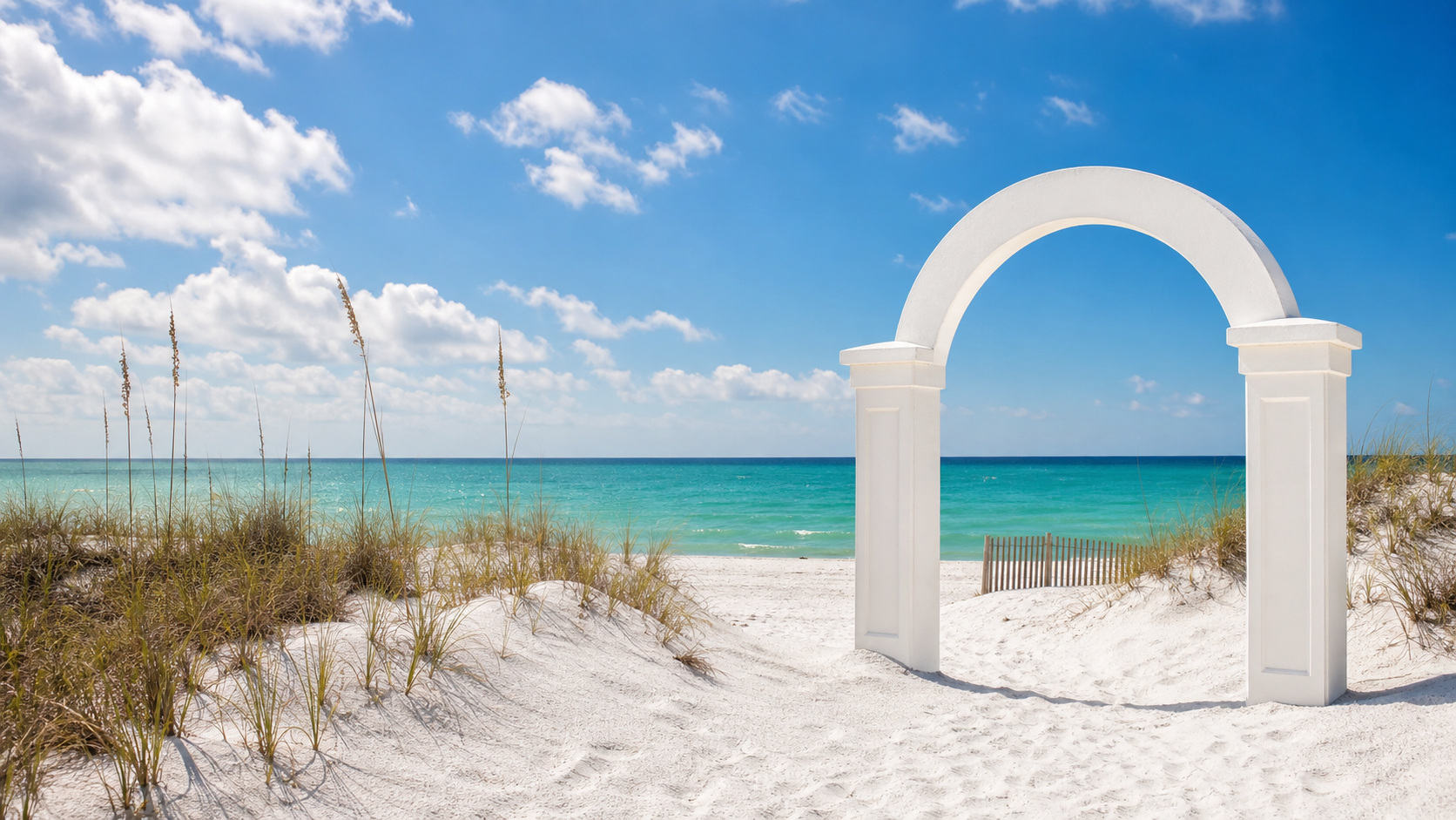 Pensacola Beach arch welcome sign on a sunny day with Gulf Islands National Seashore white sand dunes and turquoise water in the background