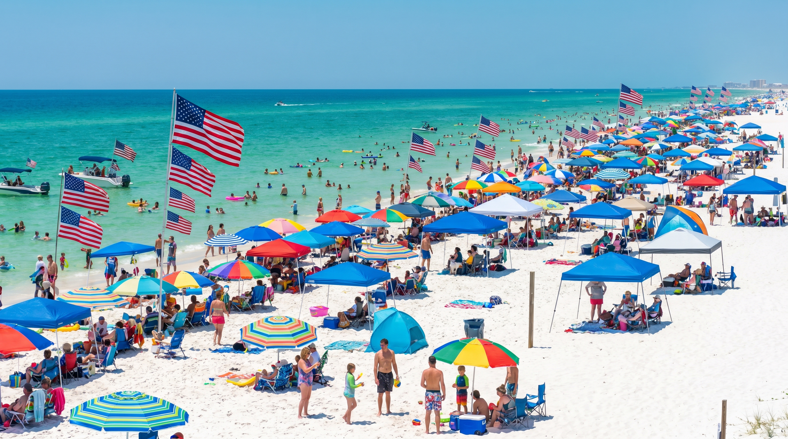 Packed white sand beach in Destin Florida on a sunny 4th of July with colorful umbrellas and American flags under a bright blue sky