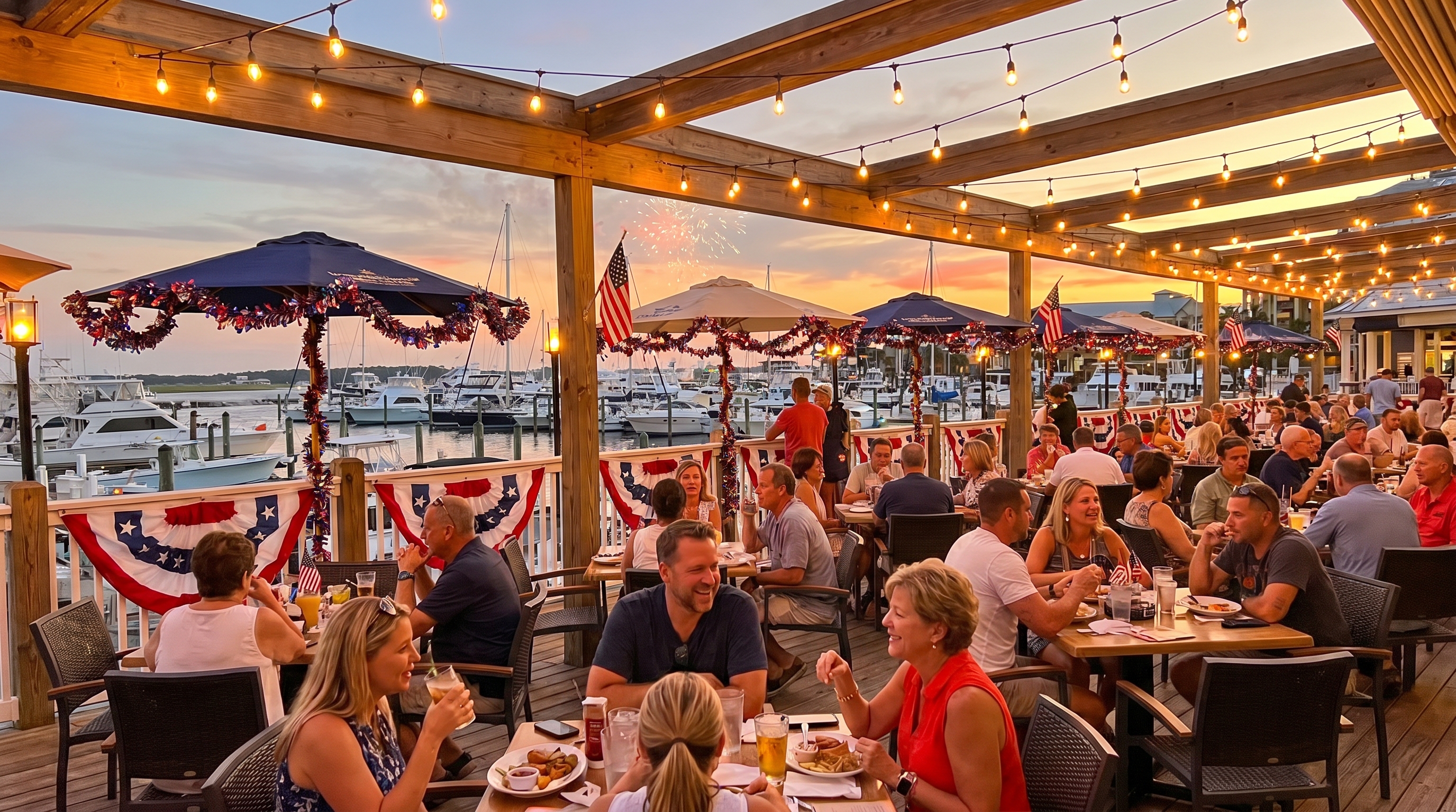 Lively outdoor waterfront bar with patriotic decorations at HarborWalk Village in Destin Florida on the 4th of July evening with string lights and harbor views