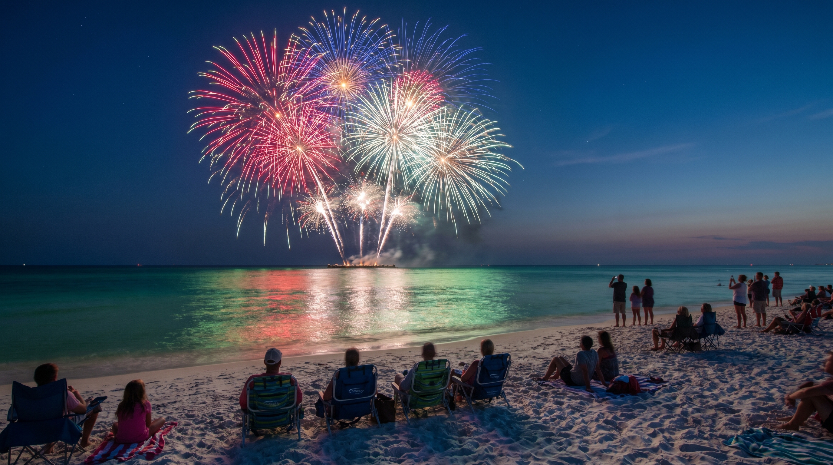 Red white and blue fireworks bursting over the emerald Gulf of Mexico in Destin Florida on the 4th of July with families watching from the white sand beach