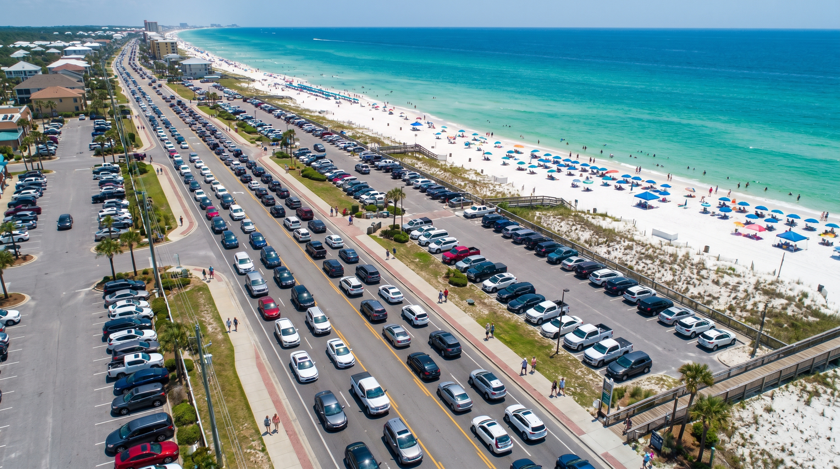 Aerial view of heavy holiday traffic on the coastal highway in Destin Florida showing the scale of 4th of July crowds with the beach and Gulf visible nearby