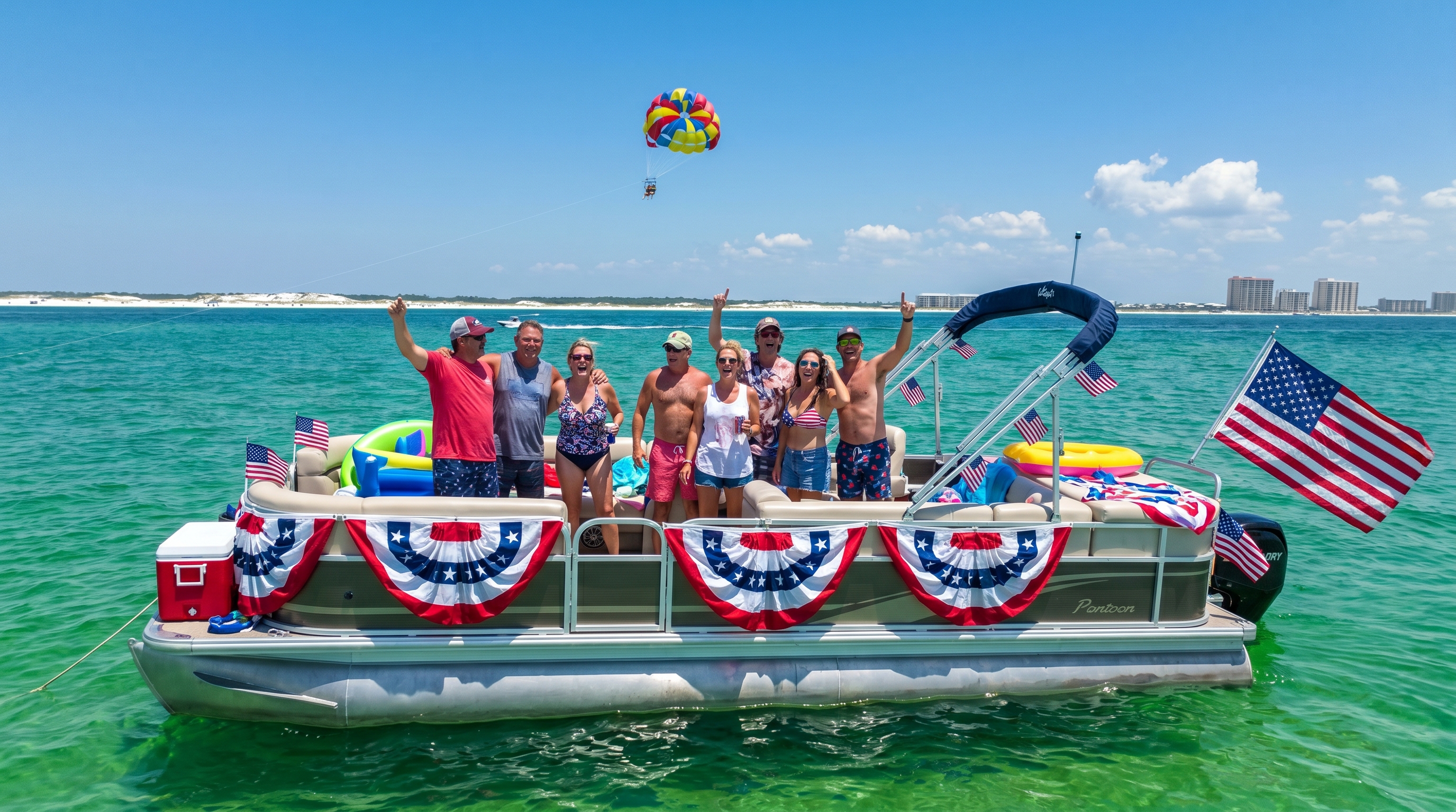 Friends on a pontoon boat with American flags on the clear emerald water near Destin Florida on a sunny 4th of July with someone parasailing in the background