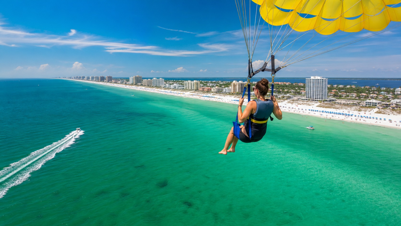 Person parasailing over the emerald green Gulf of Mexico near Destin Florida, white sand beach and coastline visible below on a sunny day