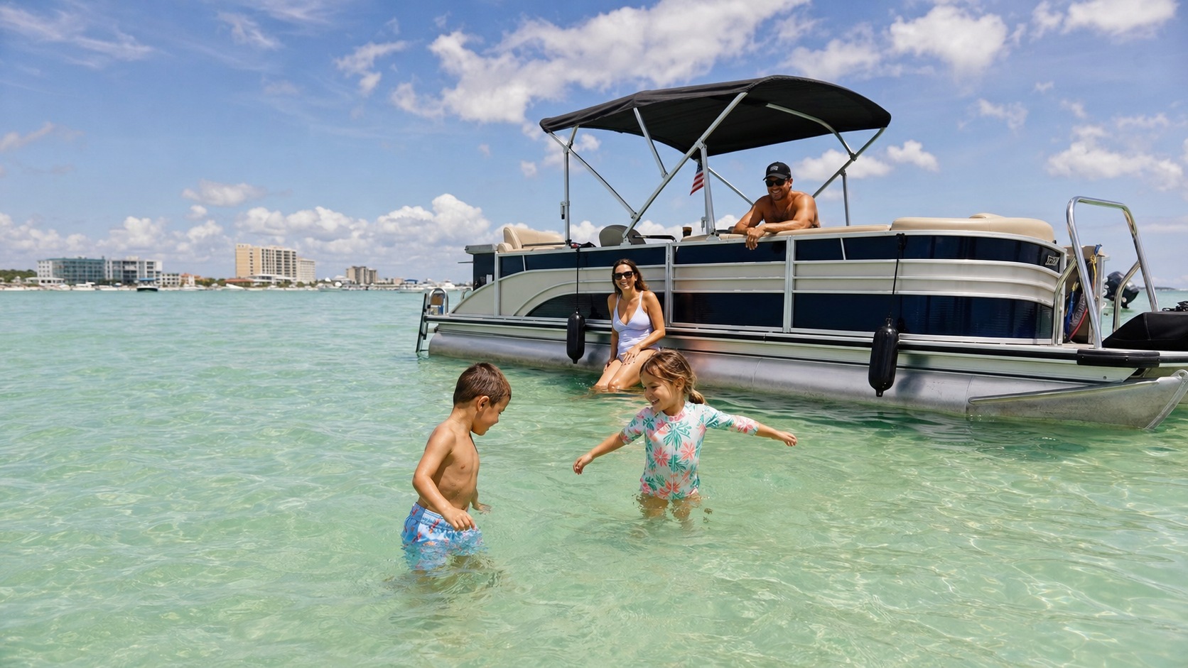 Family on a pontoon boat at Crab Island near Destin Florida, kids wading in shallow emerald green bay water, summer afternoon
