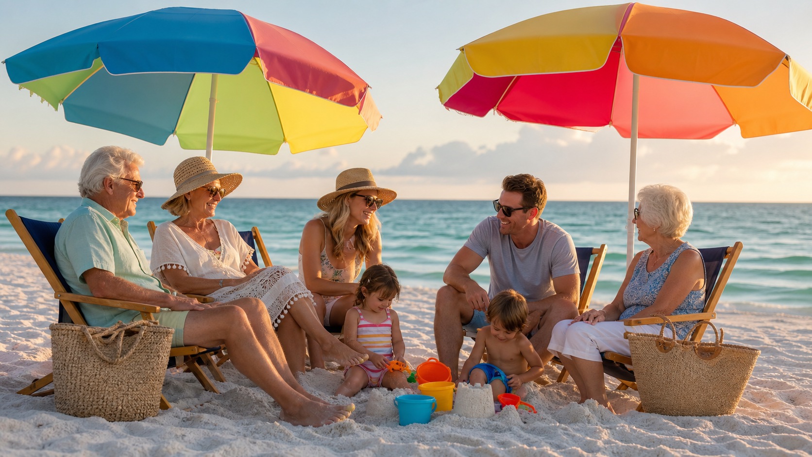 Multi-generational family relaxing on beach chairs under colorful umbrellas on the white sand beach in Destin Florida, golden afternoon light
