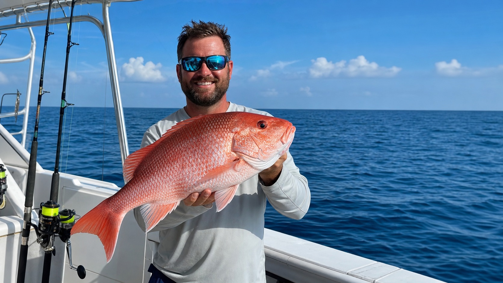 Man proudly holding a large red snapper on a deep sea fishing charter in the Gulf of Mexico off Destin Florida, blue sky and calm water